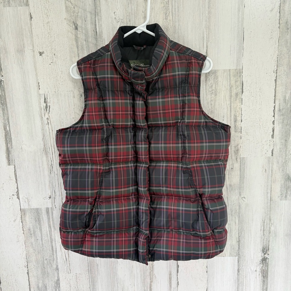 Eddie Bauer Women’s Size Large Goose Down Tartan Plaid Puffer Vest